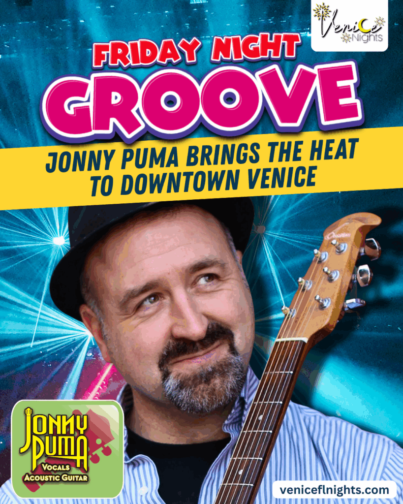 Live outdoor concert featuring Jonny Puma performing in downtown Venice as part of the Friday Night Concert Series. Audience members sit in folding chairs and enjoy the music under a warm Florida evening sky.