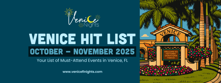 Venice Hit List October November 2025 poster featuring Venice Nights logo, event details, and illustrated Venice welcome sign.