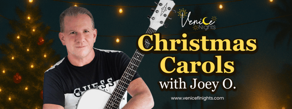 Horizontal Christmas event banner featuring musician Joey O holding a white guitar in front of a softly lit Christmas tree with warm string lights.