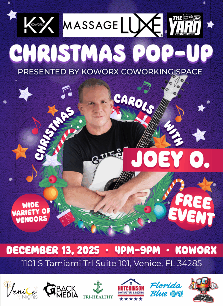 Colorful Christmas Pop-Up event poster featuring musician Joey O holding a white guitar inside a festive holiday wreath.