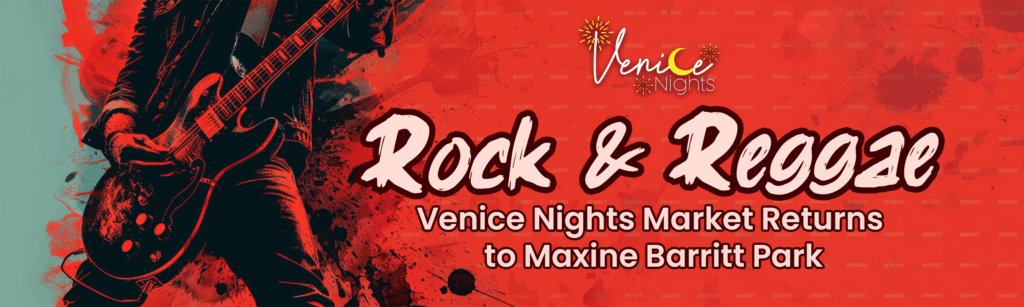 Rock & Reggae graphic featuring a guitarist on a red background with the Venice Nights logo and event title.