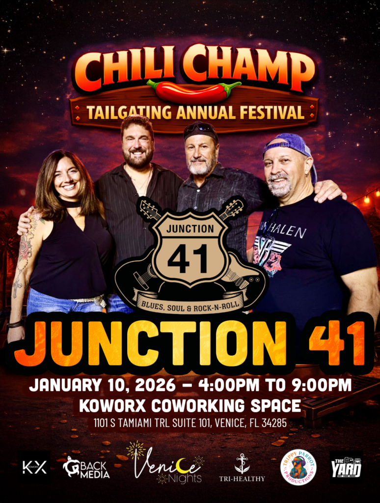Junction 41 performing live at Chili Champ Tailgating Annual Festival at Koworx Coworking Space in Venice, Florida on January 10, 2026.