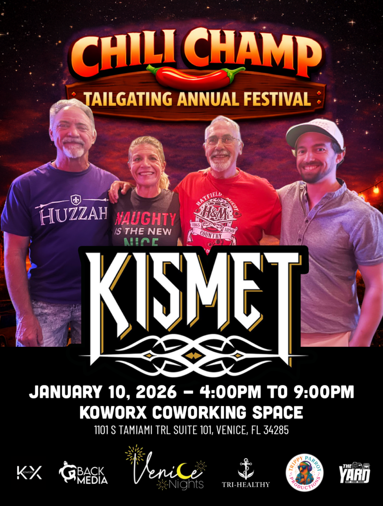 Kismet band performing live at Chili Champ Tailgating Annual Festival at Koworx Coworking Space in Venice, Florida on January 10, 2026.
