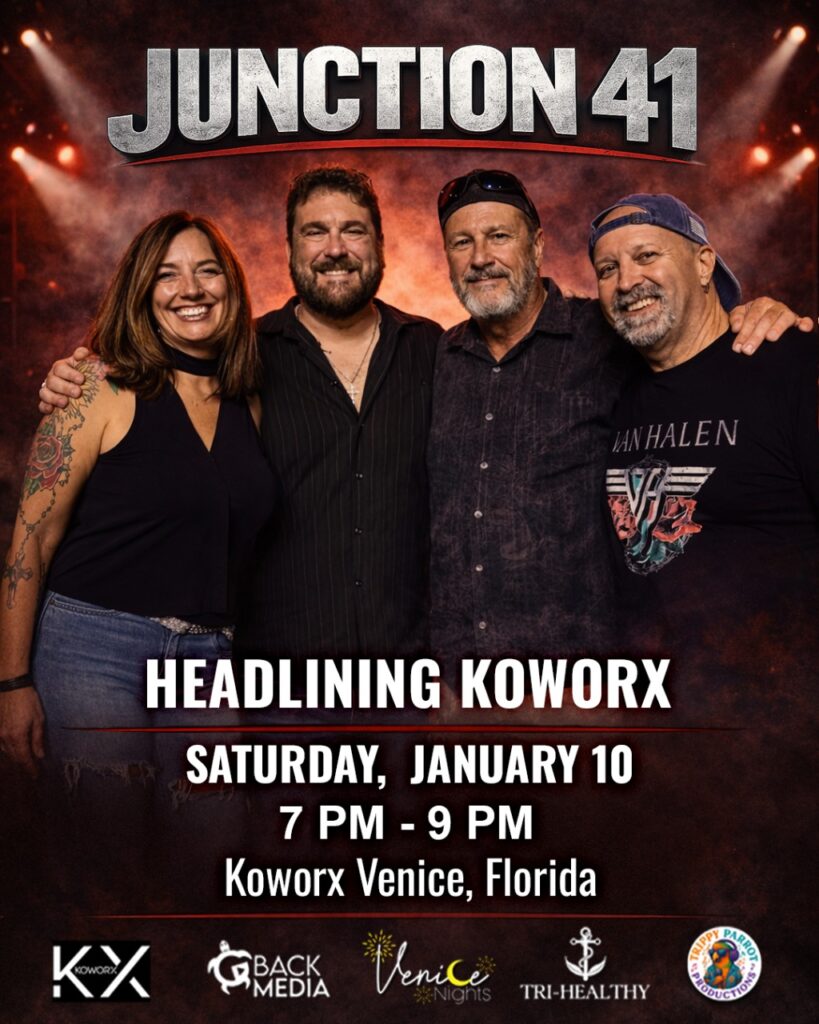 Junction 41 headlining live rock music at Koworx Venice, Florida on January 10 from 7 PM to 9 PM, featuring the full band against a concert-style background.