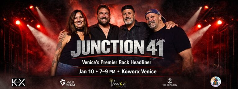 Junction 41 headlining live rock music at Koworx Venice, Florida on January 10 from 7 PM to 9 PM, featuring the full band against a concert-style background.