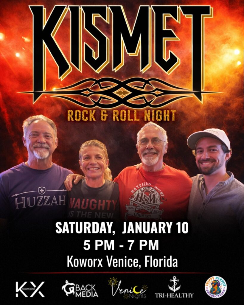 KISMET band promotional poster for Rock & Roll Night at Koworx Venice, Florida on Saturday January 10 from 5 PM to 7 PM, featuring band members against a fiery background.