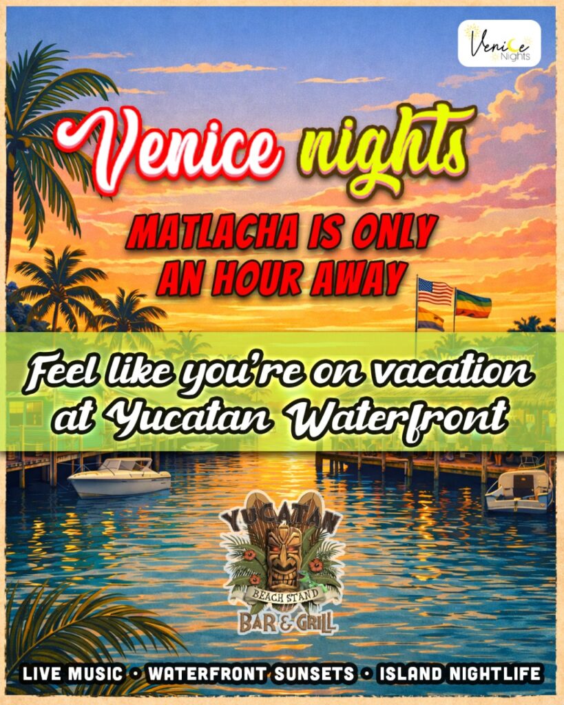 Venice Nights graphic showing Matlacha only an hour away with tropical sunset and Yucatan Waterfront marina