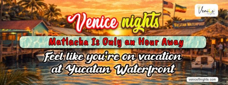 Sunset over Yucatan Waterfront in Matlacha with Venice Nights text and tropical waterfront nightlife