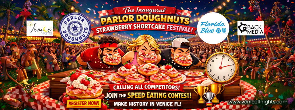 Contestants compete hands-free in a strawberry shortcake doughnut speed eating contest at the Parlor Doughnuts Strawberry Shortcake Festival in Venice, Florida.