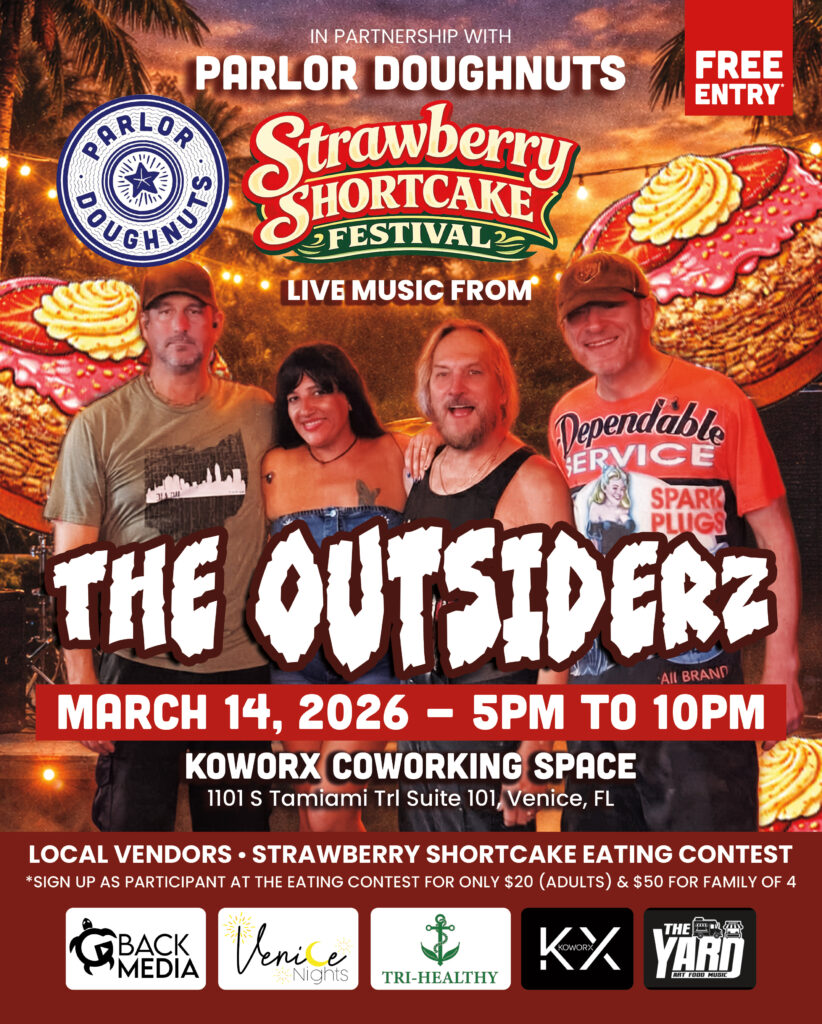 Event poster for the Strawberry Shortcake Festival in Venice featuring live music from The Outsiderz, presented in partnership with Parlor Doughnuts, with date and time March 14, 2026, 5 PM–10 PM, and “FREE ENTRY” highlighted.