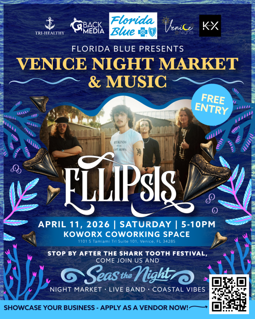 Venice Nights Market and Music April 11 2026 poster with Ellipsis Band live at Koworx Venice Island free entry night market event