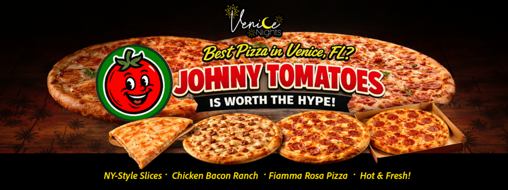 Assorted pizzas from Johnny Tomatoes Pizza in Venice, Florida featuring NY-style slices, chicken bacon ranch, pepperoni, and specialty pies on a wooden table with a large pizza in the background.