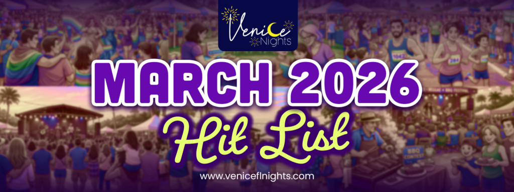 Venice Nights March 2026 Hit List slider featuring a lively illustrated festival collage with crowds, live music, vendor tents, food, and the headline “March 2026 Hit List.”